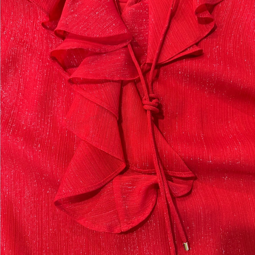 Tommy Hilfiger Women's Red Ruffle Tie Neck Blouse Metallic Shimmer Long Sleeve - Picture 5 of 7